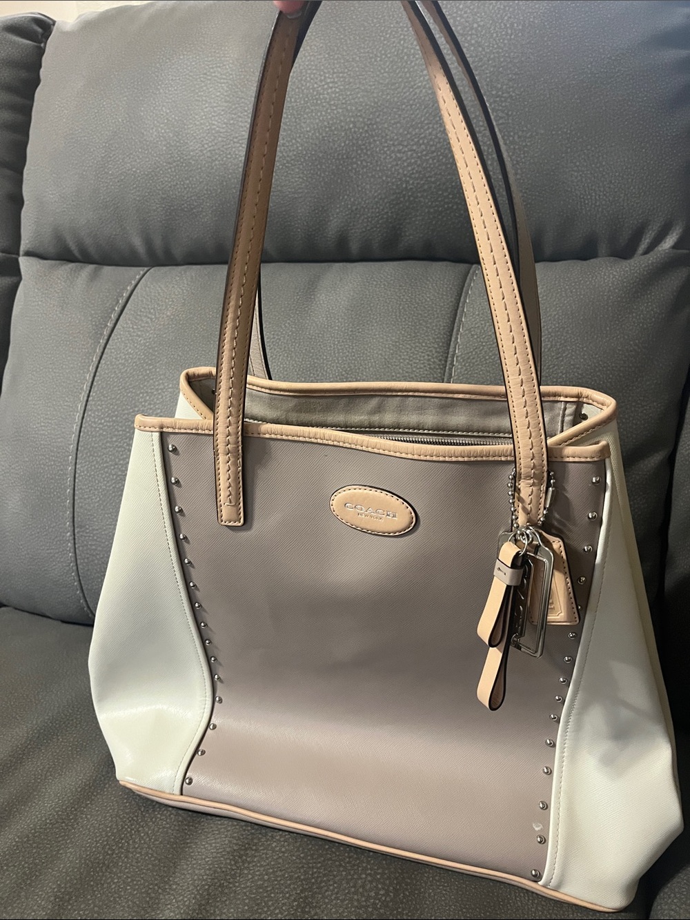 Coach Two-Tone Taupe & Cream Shoulder Tote